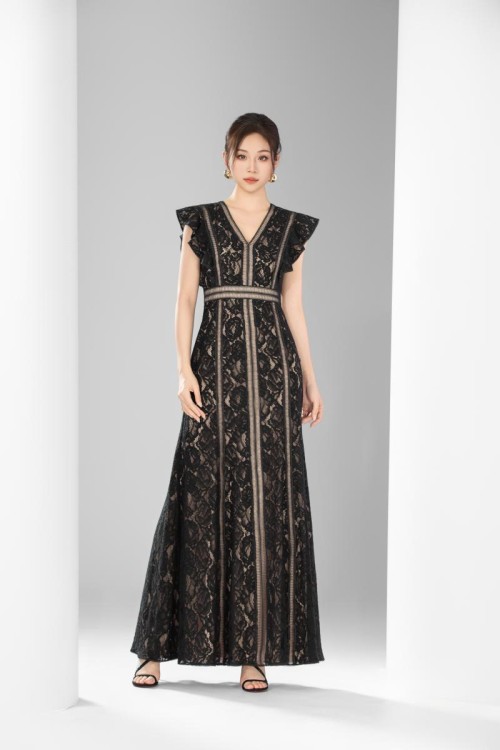 黑曜鎏金蕾丝高定礼裙